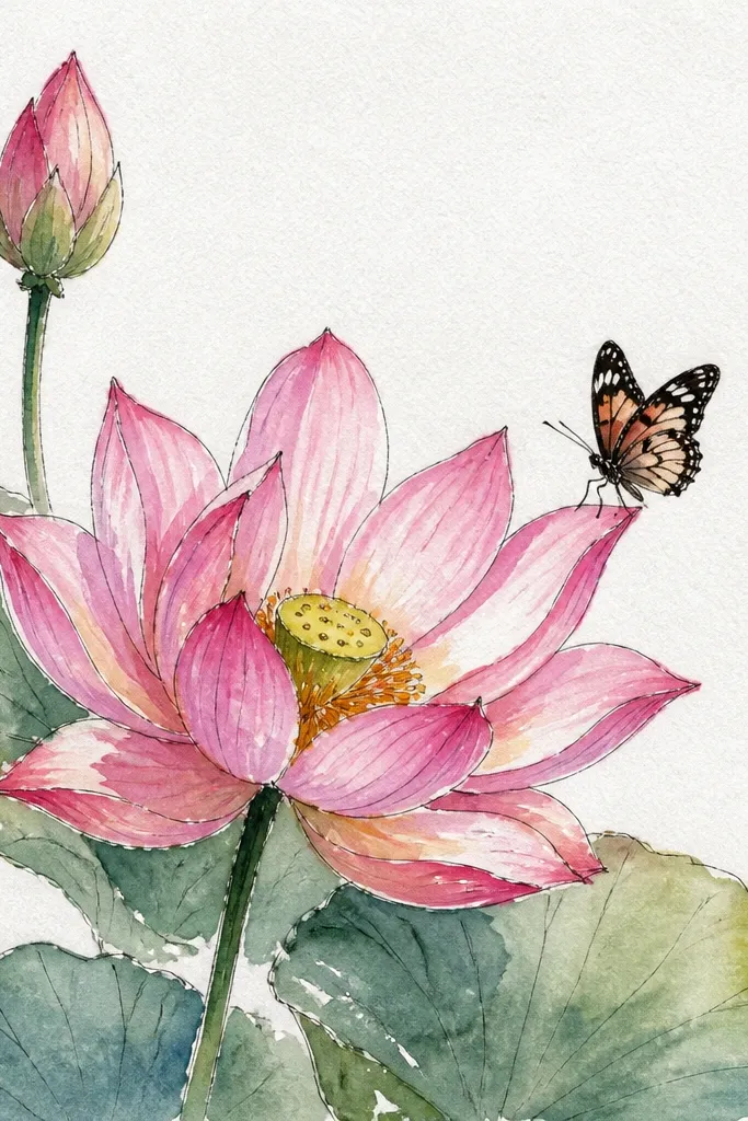 A lotus bloom tucked into the top-right corner of a page, with petals extending inward. A butterfly lands on the corner petal, wings colored in pale lilac and soft yellow, with tiny leaf sprigs in the background.