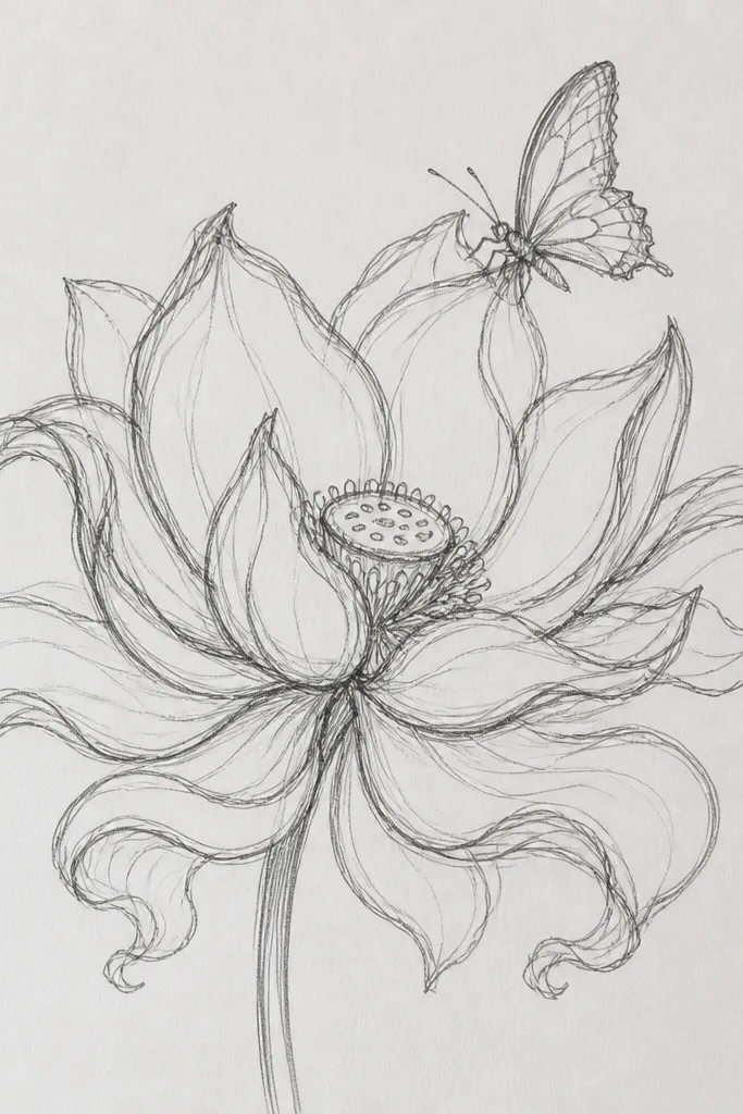 A lotus where petals look like soft ribbon strips with gentle highlights. A butterfly sits on a petal fold line, wings in muted peach and brown speckles.