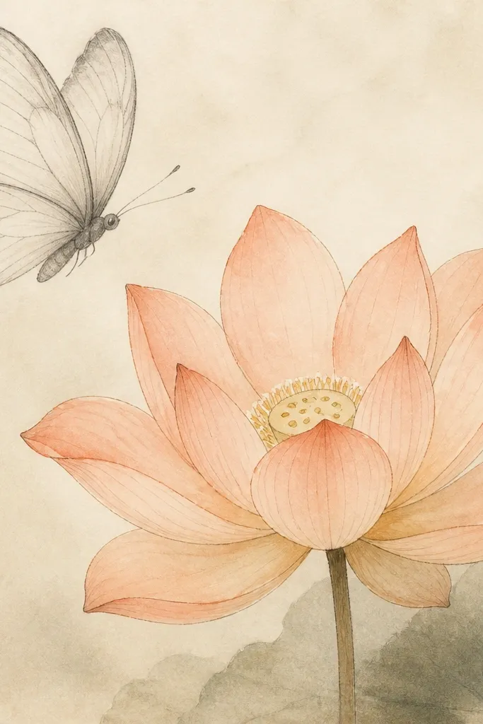 A textured watercolor background in pale beige. A lotus bloom is painted in light peach with ink outlines. The butterfly is drawn in pencil only, with soft graphite shading and no ink wings.