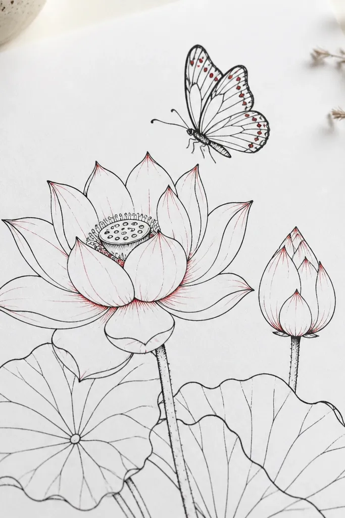 A white page with black ink lotus outlines. Petals have tiny red accent lines near the folds. A butterfly sits above with black outline wings and red dot accents.