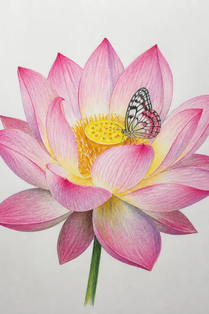 A lotus with petals fading from light cream at the top to pale pink at the base. A butterfly is positioned right near the lotus center with wings in pale pink and pale blue shading.