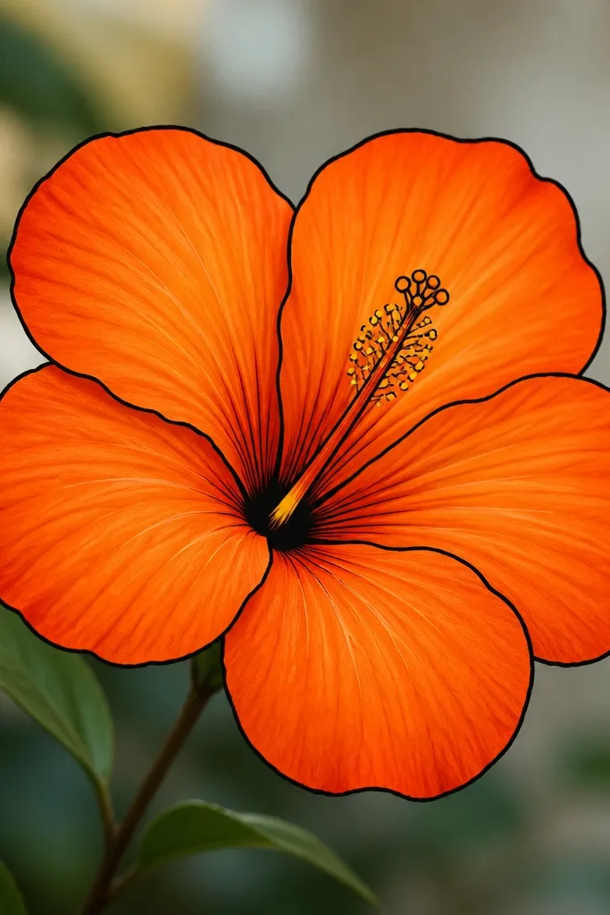 A single orange hibiscus flower with bold black outlines, each petal showing a lighter orange fold line and darker orange edges; the center has thin black stamen lines with a small yellow highlight.
