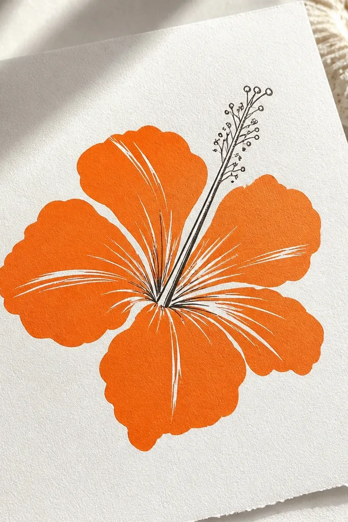 A bold orange hibiscus silhouette on white paper with minimal line work; several petals have streaks of white gel highlight and the stamen is drawn as simple dark lines.