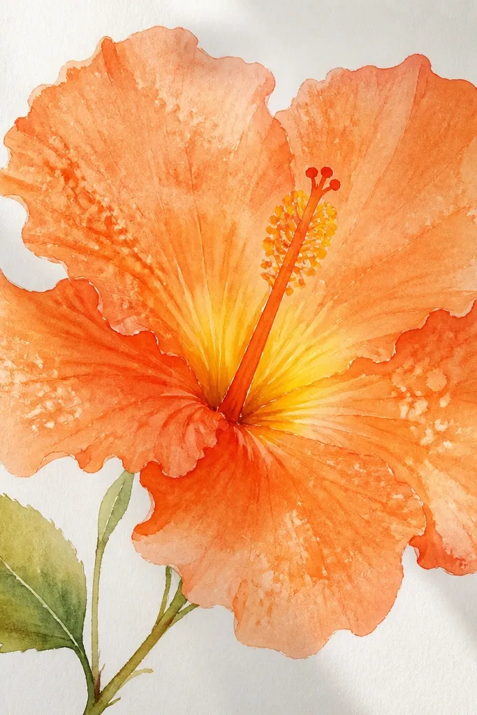 A watercolor hibiscus in orange washes with soft edges; tiny salt speckles appear across the petals, and the center has a warm yellow glow.
