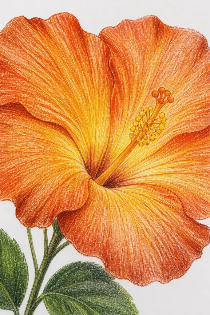 An orange hibiscus drawn with visible colored-pencil strokes; petals show layered shading with burnt sienna at the edges and a yellow center glow.