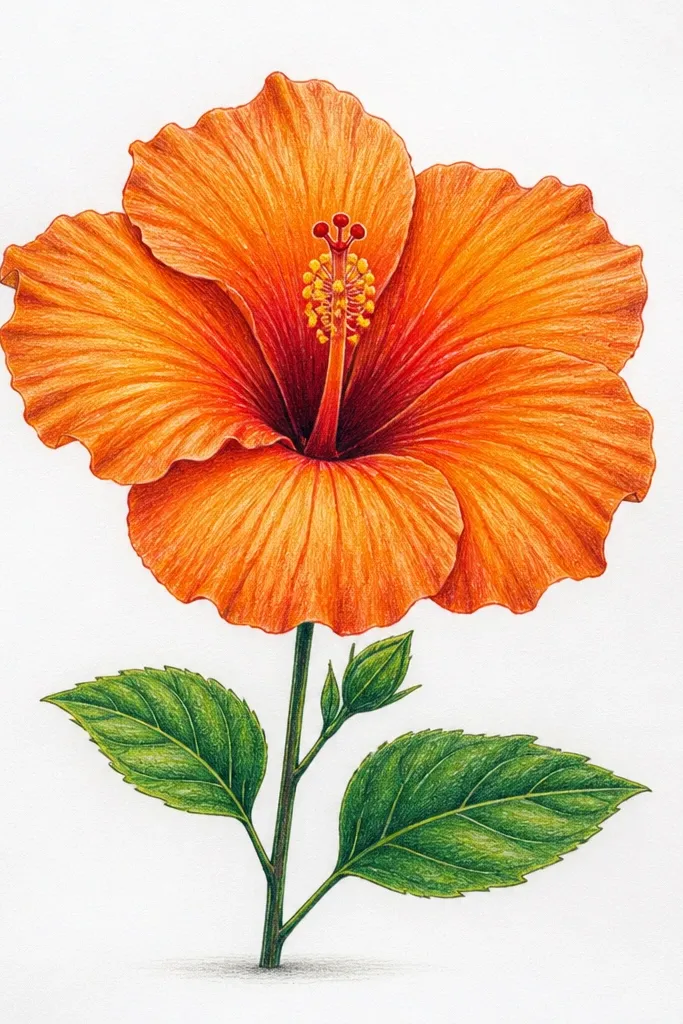 A hibiscus with smooth marker-filled petals and pencil-drawn fold lines; the outer rim is darker and the center stamen looks sharp and detailed.