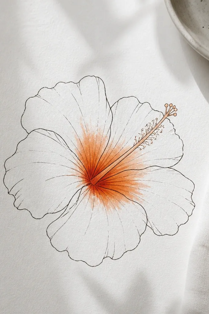 A hibiscus outline drawn with thin lines, with only the center filled in orange wash and the petals left mostly white.