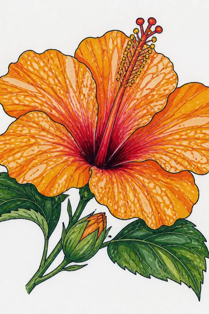 An orange hibiscus where each petal has marbled dotted patterns in lighter and darker orange tones; the stamen is drawn in thin lines with a yellow base.
