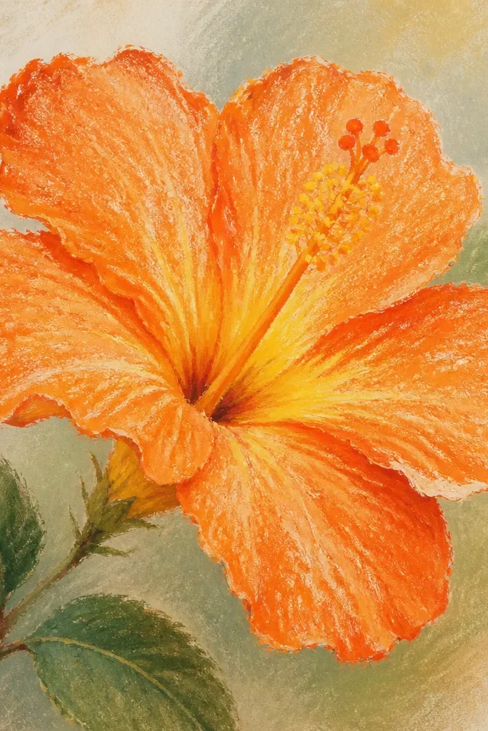 A textured orange hibiscus drawn with dry pastel strokes; petals show grainy orange patches and a darker orange rim; the center has soft yellow smudges.