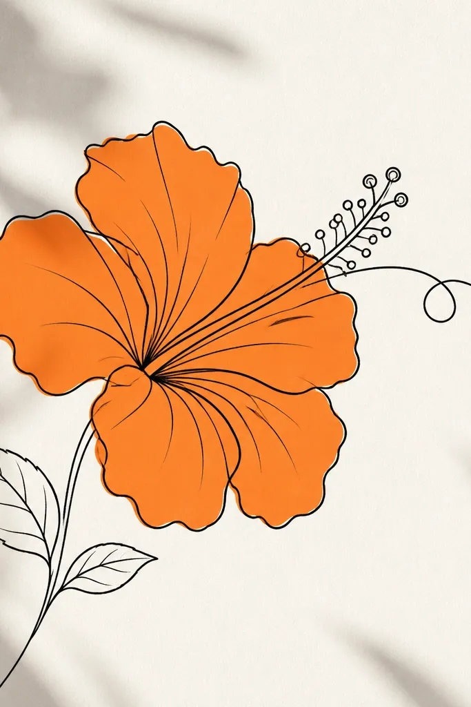 Black line art of a hibiscus with orange fill on petals; the stamen appears as one fluid continuous line that curls outward.