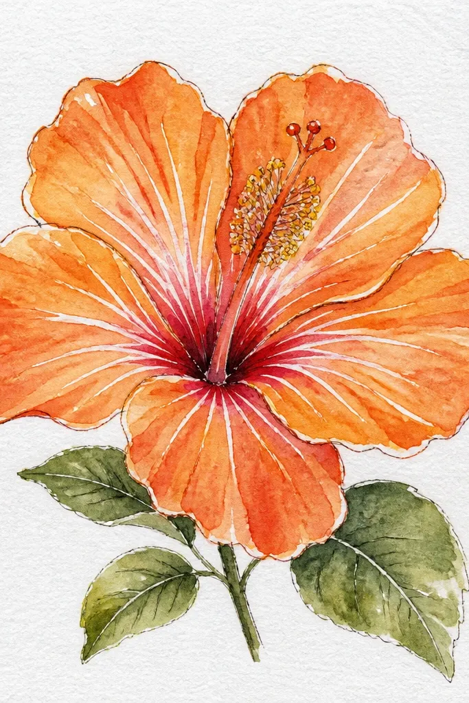 Orange-filled hibiscus petals with bright white vein lines running from the base toward the tips; the center has yellow and dark orange shading.