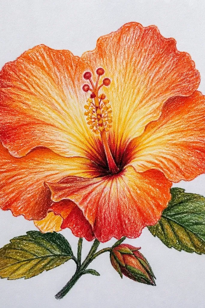 A hibiscus where the petal edges fade from dark orange to lighter orange; the center has a soft glowing yellow-orange gradient.