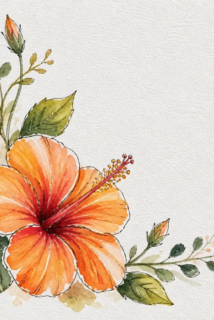 A small orange hibiscus in the top corner with simple petals, tiny leaf doodles, and a few stamen lines; clean white space around it.
