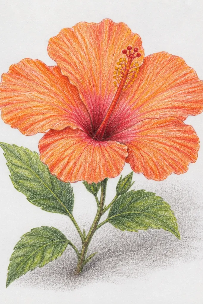 A detailed hibiscus drawing with orange shading created by cross-hatching; darker shadows gather under petals and around the stamen.