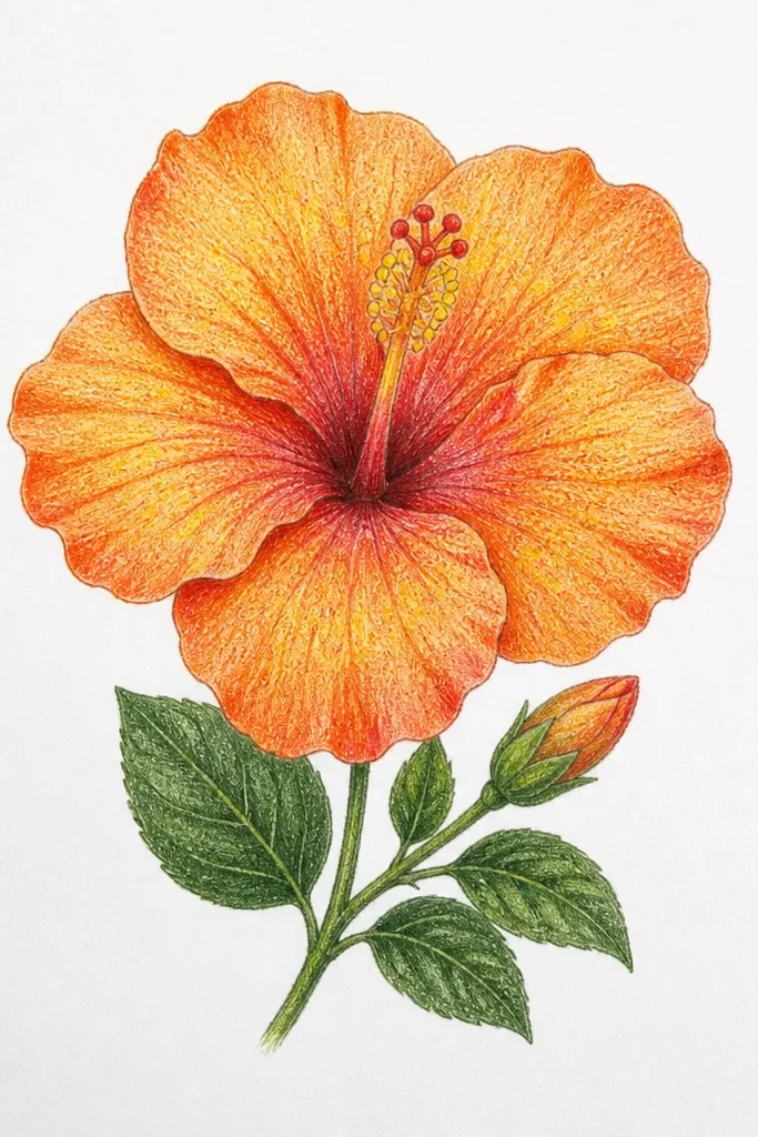 An orange hibiscus with petals shaded by stippling; the fold areas look lighter with fewer dots, and the edges look darker with denser dots.