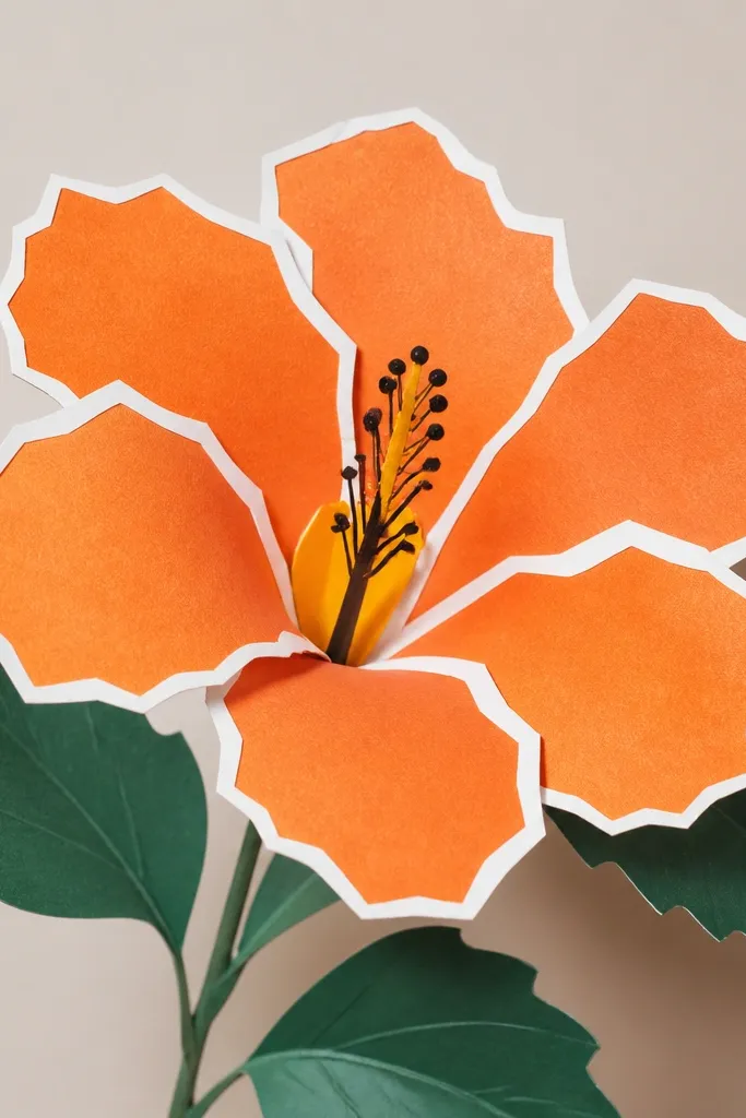 A hibiscus drawn with sharp white borders around orange petals, like a cut paper collage; the center is bright yellow with dark stamen.