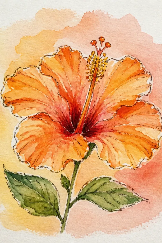 A hibiscus in orange with a white outline, sitting on a soft ombre background wash from pale yellow to light orange; the center has yellow and dark stamen lines.