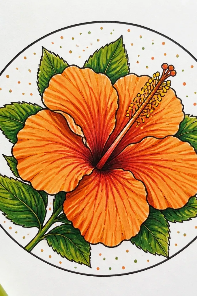 A circular frame around an orange hibiscus; the space outside the flower has tiny dot confetti in lighter orange and yellow, with a defined stamen center.
