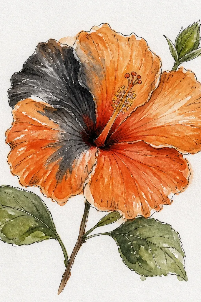 A hibiscus where one half of each petal is orange and the other half has black shading; the center has yellow highlights and dark stamen.