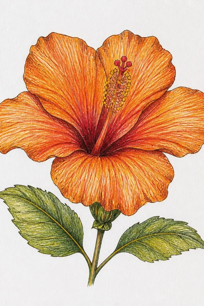 Orange petals with lots of fine ink cross lines like etching; the center has a warm yellow wash and thin dark stamen.