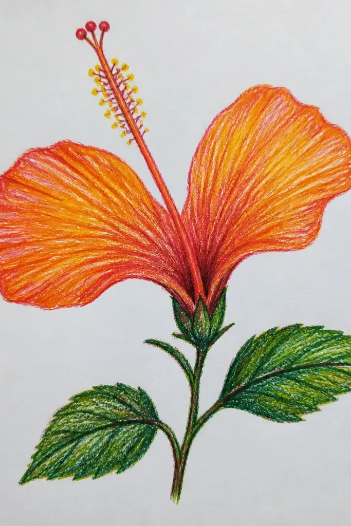 An orange hibiscus where two petals are cropped by the paper edge; the visible petals are richly shaded orange with a detailed stamen fan.
