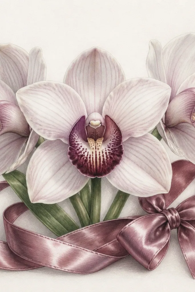 A hand-drawn bouquet of three orchids in a tight 5x7 composition. The center orchid faces forward with a darker lip, two orchids angle left and right behind it. A satin-looking ribbon loops across the bottom and ties on the right, with thin highlights on the ribbon folds.