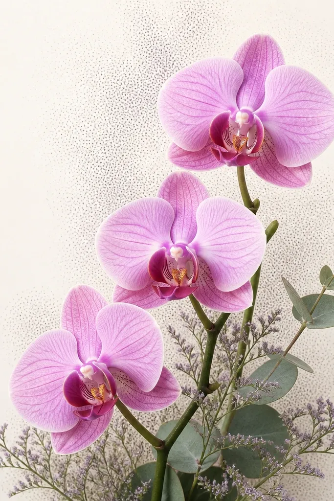 A bouquet where three orchids step upward like stairs. Each flower is slightly offset in height and rotated differently, creating clear layers. The background is pale with soft pencil stippling behind the blossoms.