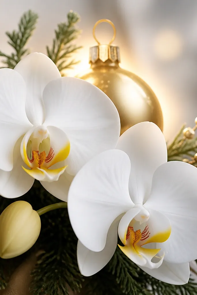 A festive orchid bouquet with two main orchids and a smaller bud. Behind the flowers, a gold ornament ball peeks through, with a thin gold hook and a soft glow effect drawn as pale halos.