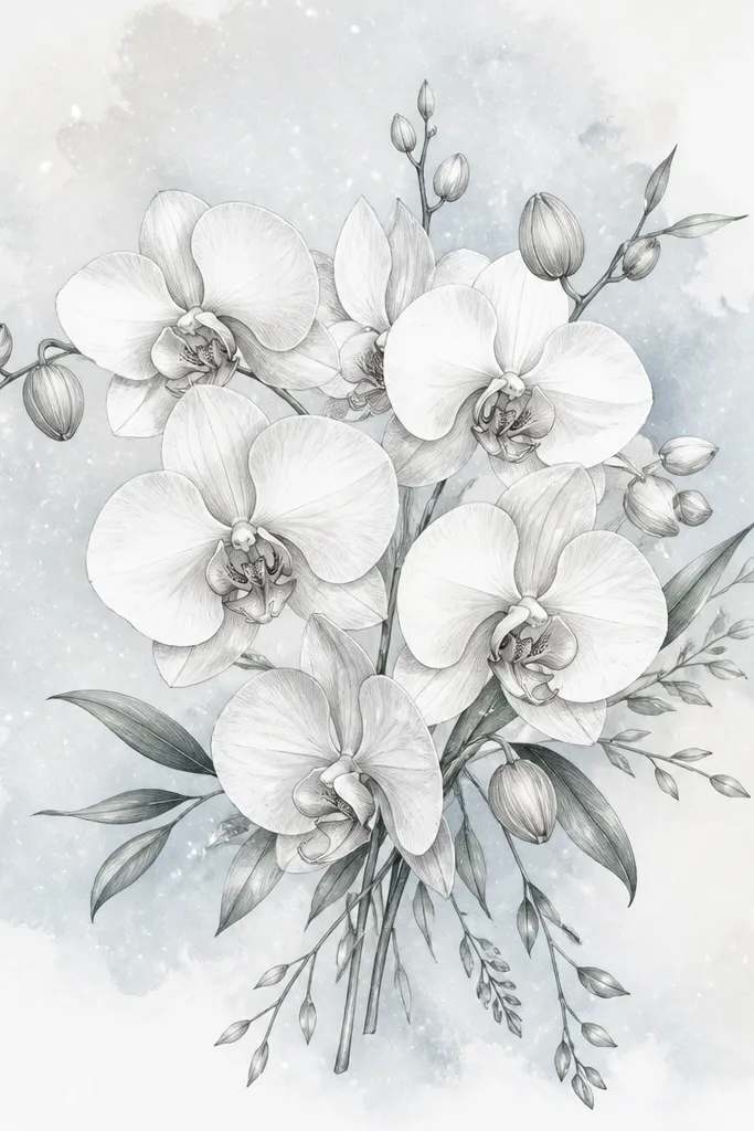 Orchids drawn in pencil with a light watercolor wash behind them. Tiny snow speckles scatter across the background, and the bouquet sits centered with a few leaf stems extending downward.