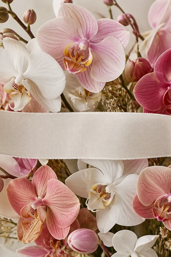 A bouquet of orchids with a long banner ribbon running horizontally across the middle. The banner has handwritten-style lettering, and the orchids frame it from above and below.