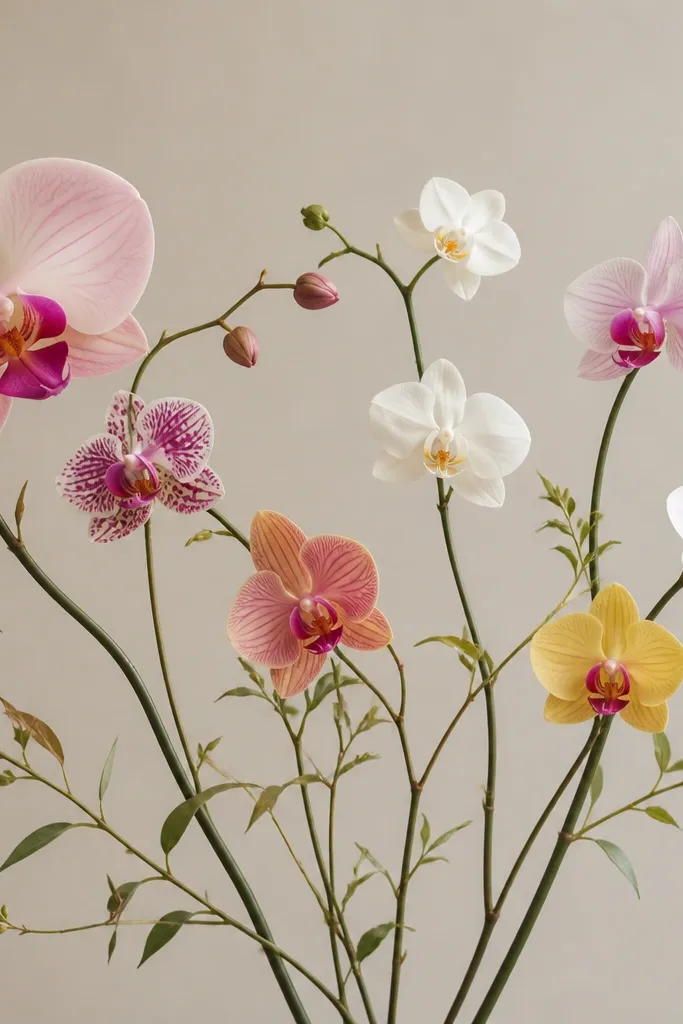 A wide bouquet spanning the page with orchids spaced apart. Stems are thin and slightly curved, with a few small leaves and one orchid larger on the left.