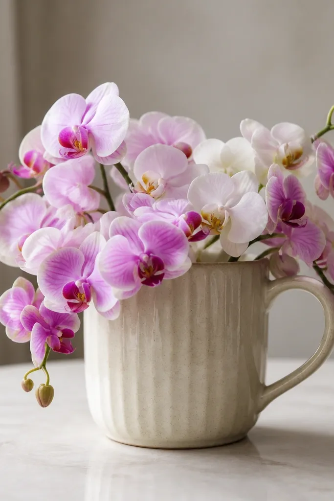 Orchids growing from a simple mug shape with a handle on the right. The mug has a few vertical shading lines, and the orchids spill slightly over the rim.