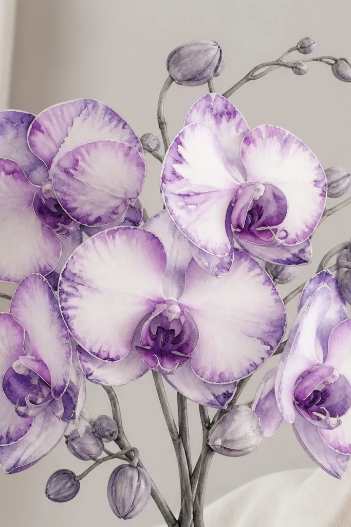 A pencil orchid bouquet where the watercolor color pools at the petal edges. The center lip is darker, and the outer petals fade outward with soft bleeding at the boundaries.