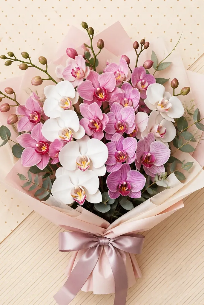Orchid bouquet centered on a background that has subtle wrapping-paper patterns: small dots and thin stripes. The orchids are drawn with crisp outlines and light shading, standing out from the patterned field.