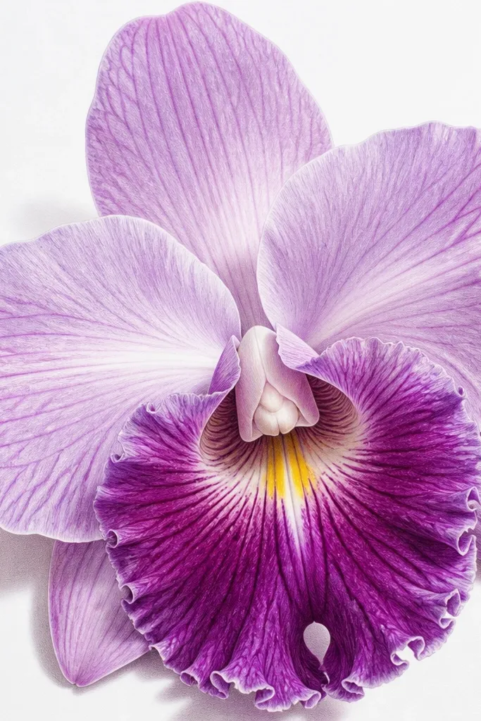 A close-up drawing of one orchid filling most of the page. The lip petal is large and detailed, with visible folds and a small yellow center mark. The background is clean with a faint shadow behind the flower.
