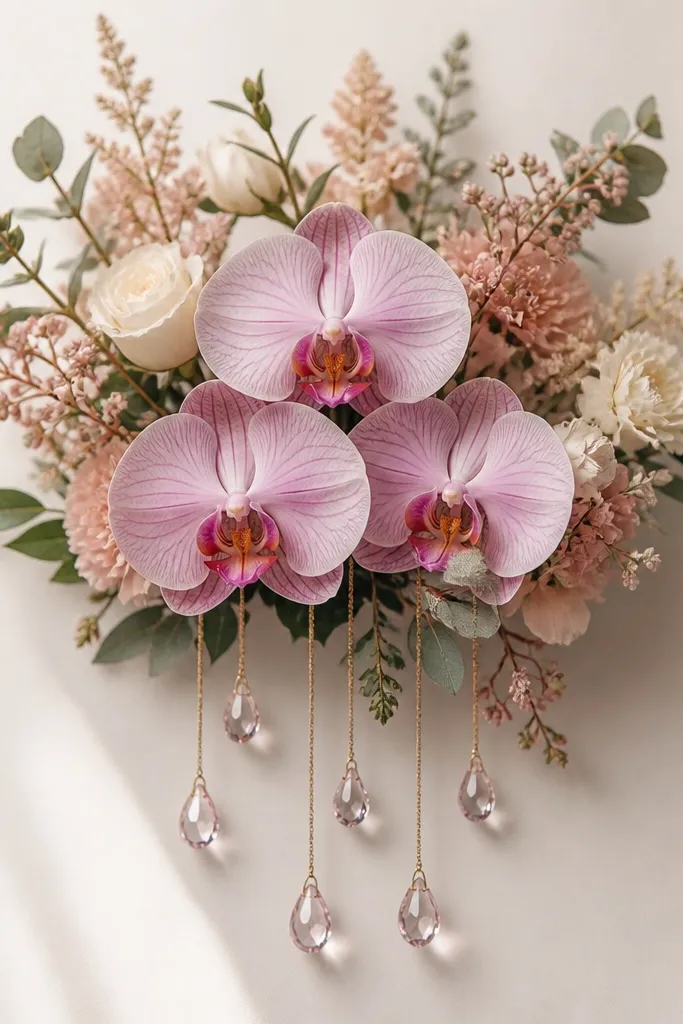 A bouquet where three orchids sit in the center, and several teardrop charms hang below on thin strings. Each charm has a bright highlight and a faint shadow cast onto the page.
