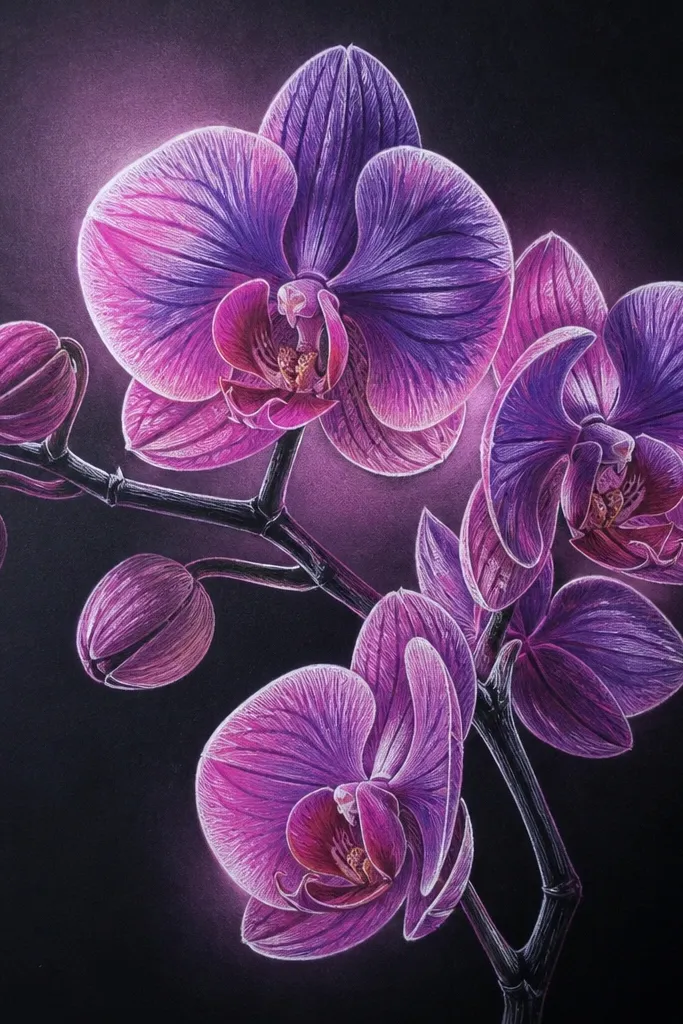 A glowing orchid bouquet drawn on black paper with white gel pen highlights and two-tone petals in purple and pink. The background is mostly black with a few soft light halos behind petals.