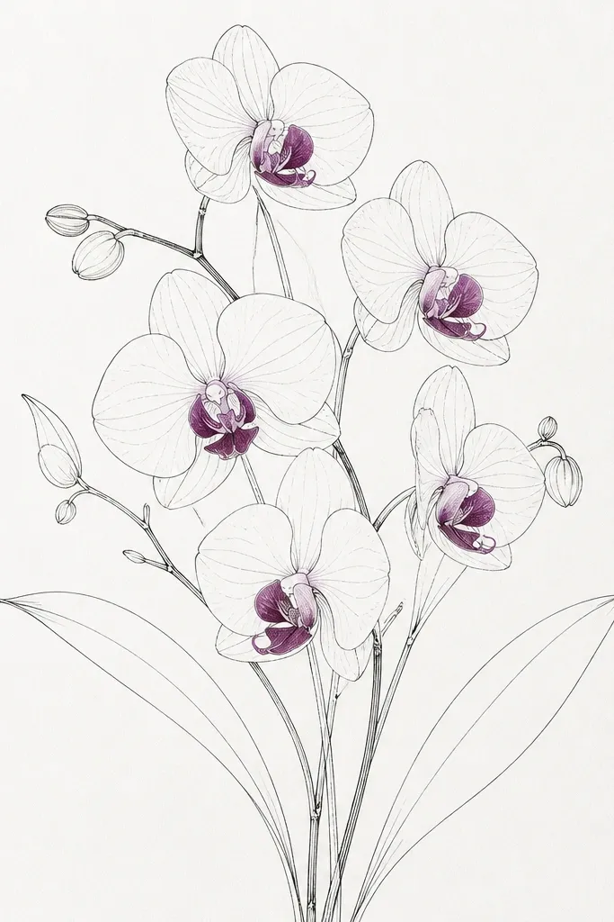 A minimalist orchid bouquet drawn mostly with thin black lines. Only the orchid lips are colored a deep orchid purple, while the rest stays uncolored. The background is blank paper.