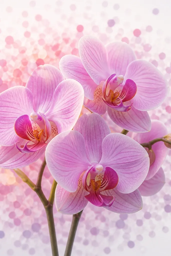 Orchids in a small cluster with a background filled with soft, circular dots like confetti. The dots are pale pink and light purple, fading outward from behind the bouquet.
