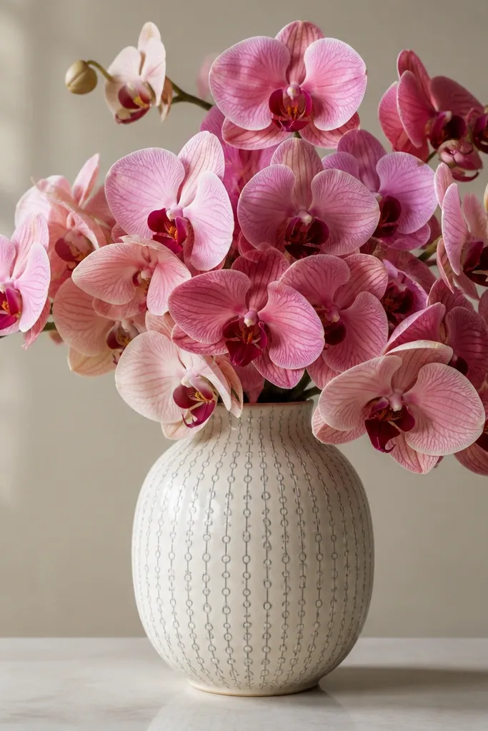 Orchid bouquet sitting in a vase with a simple pattern: tiny repeating circles and short lines. The vase has soft shading and a subtle shadow under it, while orchids have layered petals and a darker lip.