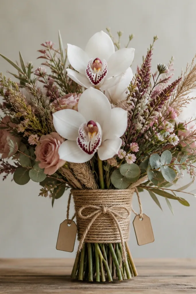 A bouquet tied with twine wrapped around stems, with a small bow knot on the front. Two tiny hanging tags dangle on either side, and the orchids peek up above the wrap.