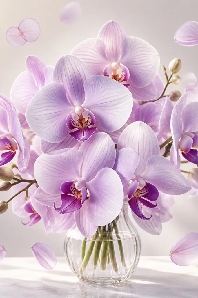 A central orchid bouquet with several small, semi-transparent petal shapes floating around it like confetti. The petals are outlined lightly and shaded with pale purple gradients.