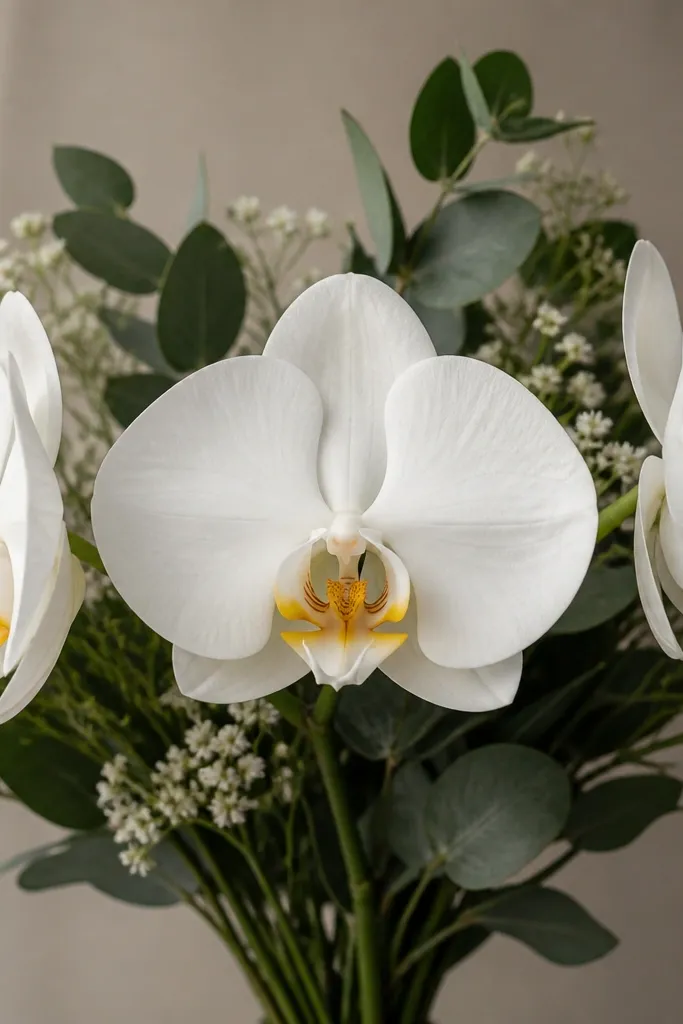 A bouquet where one orchid is front-facing, and two orchids are in side profile. The side orchids show the lip edge and a narrower petal view, giving a layered look.