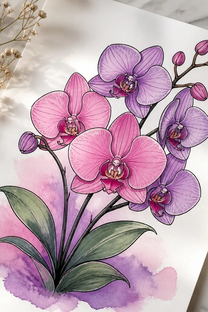 Orchids outlined in bold black ink with smooth, light color fills in purple and pink. The petals have clean edges, and a faint watercolor wash appears under the bouquet.