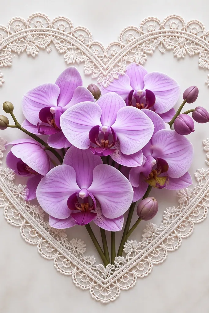 A heart-shaped lacy frame drawn around an orchid bouquet. The lace has small loops and scallops, and the orchids sit in the center with a darker lip and soft purple shading.