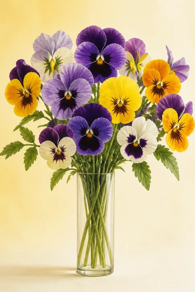 A bouquet of pansies drawn inside a tall, narrow vase outline. Each pansy shows two upper petals and three lower petals, with a dark center dot and short radial lines. The background has a pale wash gradient from light yellow to cream.