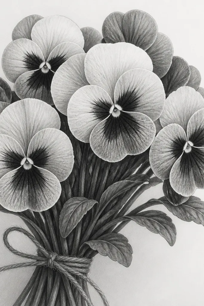 A graphite-only pansy bouquet with gentle gradients. Petals show cross-hatching near the lower edges, and the centers are darker with a small circular highlight left unshaded.