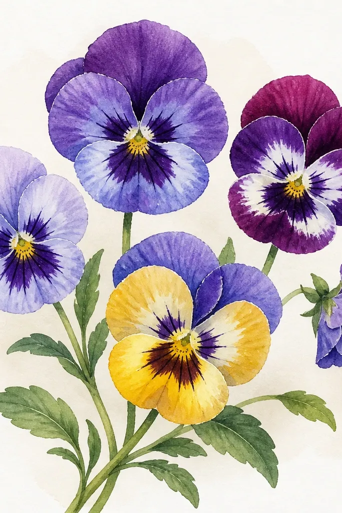 Pansies painted with watercolor that stays crisp at edges. The centers have tiny speckles and a few darker dots, and the background is a clean light wash with no blooms spreading.