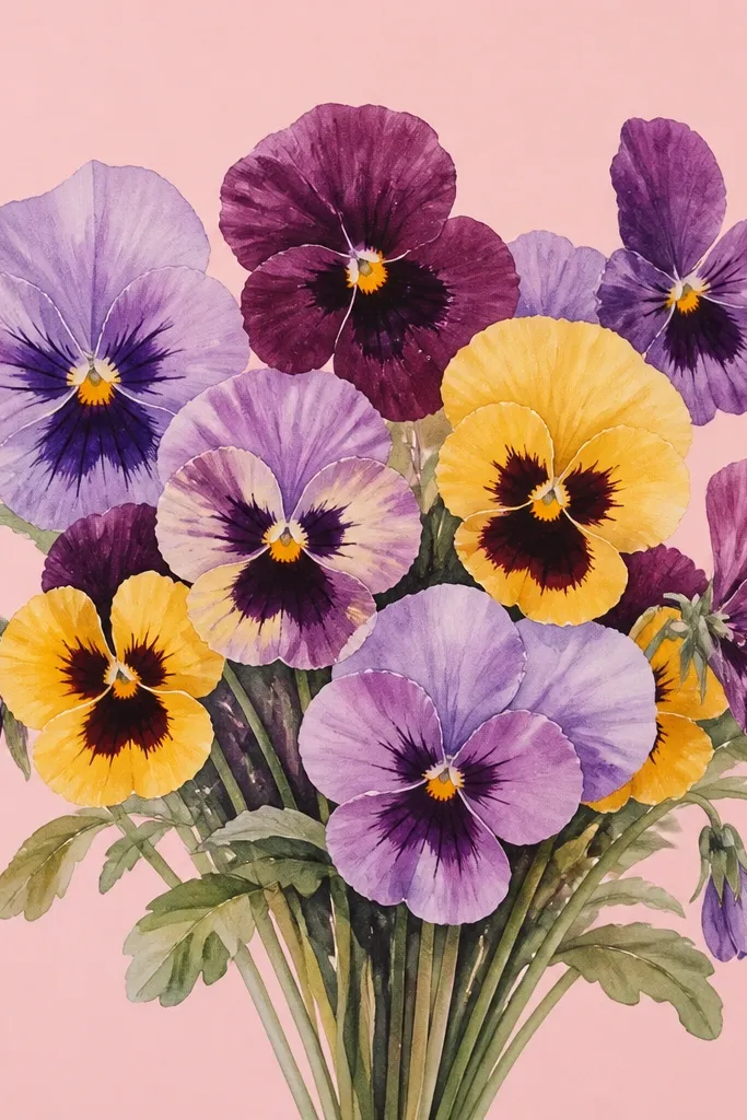 A pansy bouquet drawn with watercolor petals over a solid pastel card background. The background is a dusty blush-pink, and the petals pop in lavender, yellow, and deep plum.