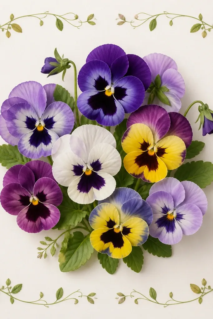 A central bouquet of medium pansies with a thin botanical border. Tiny pansy faces sit in the four corners, and the border includes small leaves and curved stems.